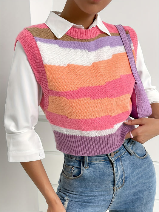 Sixsr Y2K Color Block Striped Knit Vest, Crew Neck Sleeveless Crop Sweater, Women's Clothing