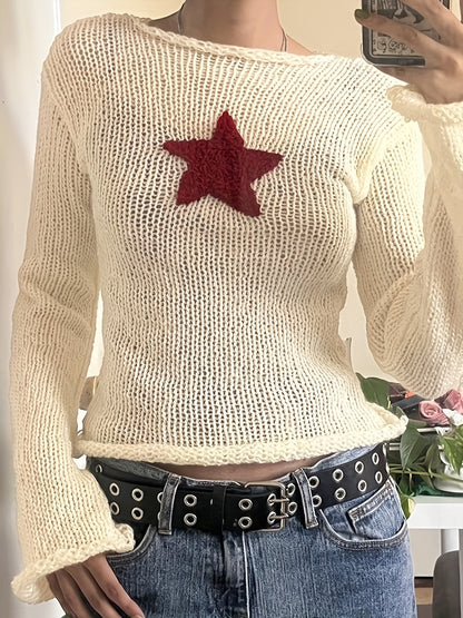 Sixsr Y2K Star Pattern Boat Neck Pullover Sweater, Casual Long Sleeve Sweater For Spring & Fall, Women's Clothing