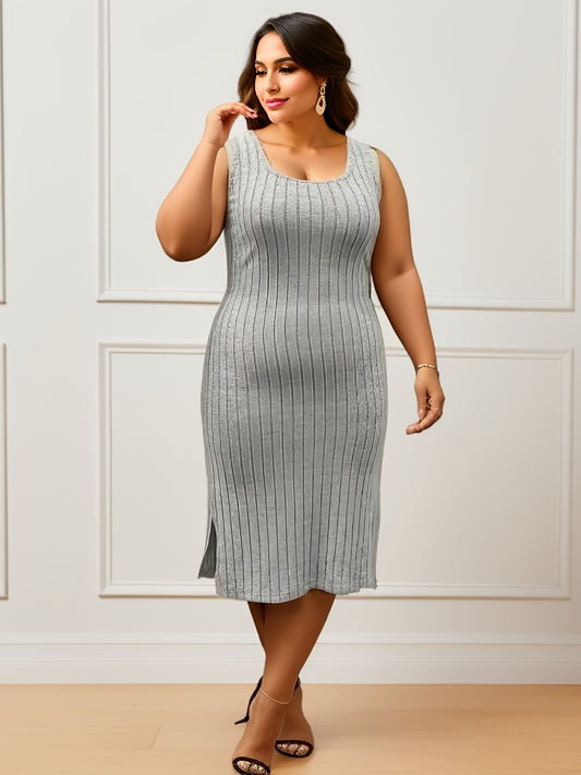 Sixsr Plus Size Casual Tank Dress, Women's Plus Solid Ribbed Round Neck Split Hem Slight Stretch Bodycon Tank Dress