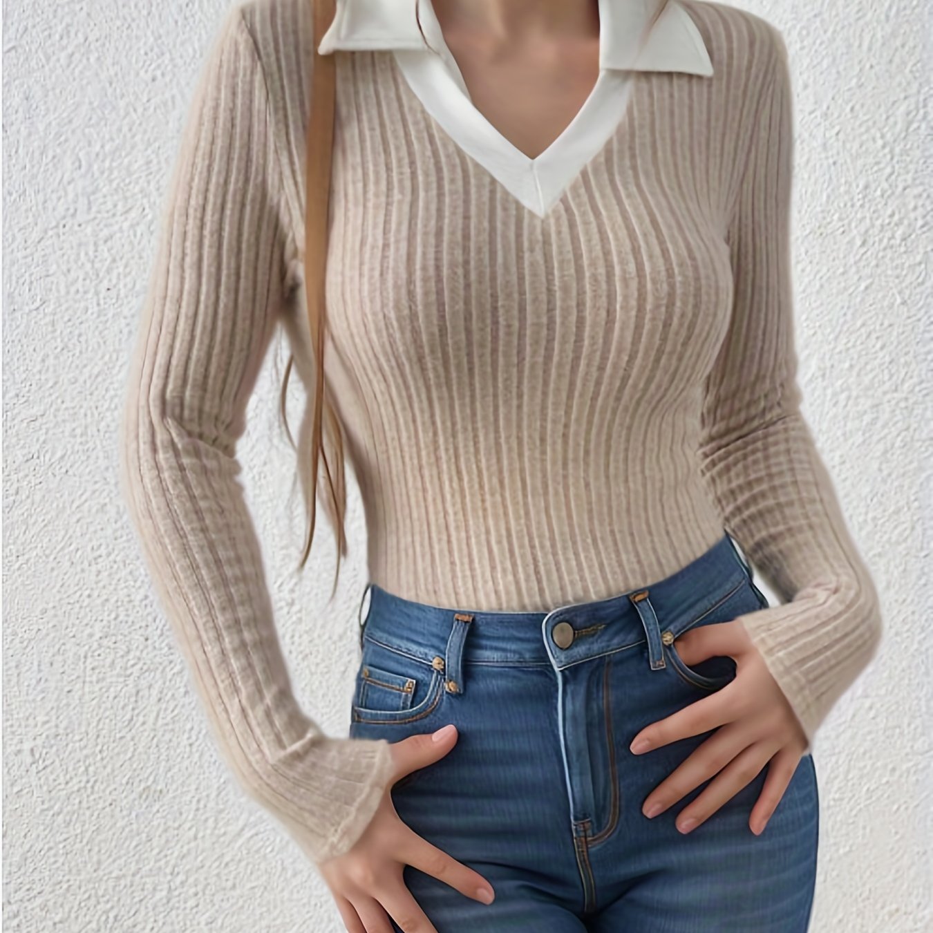 Sixsr Slim Rib Knit Sweater, Casual V Neck Long Sleeve Sweater, Women's Clothing