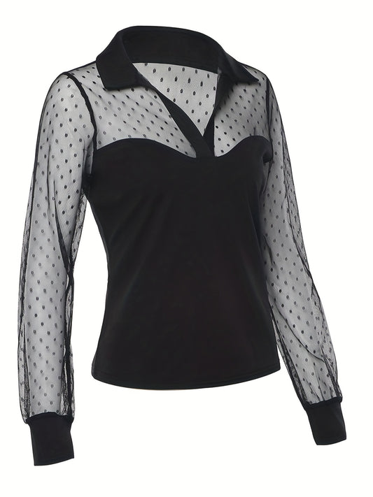 Sixsr Solid Sheer Contrast Blouse, Casual Collar Long Sleeve Slim Blouse, Women's Clothing