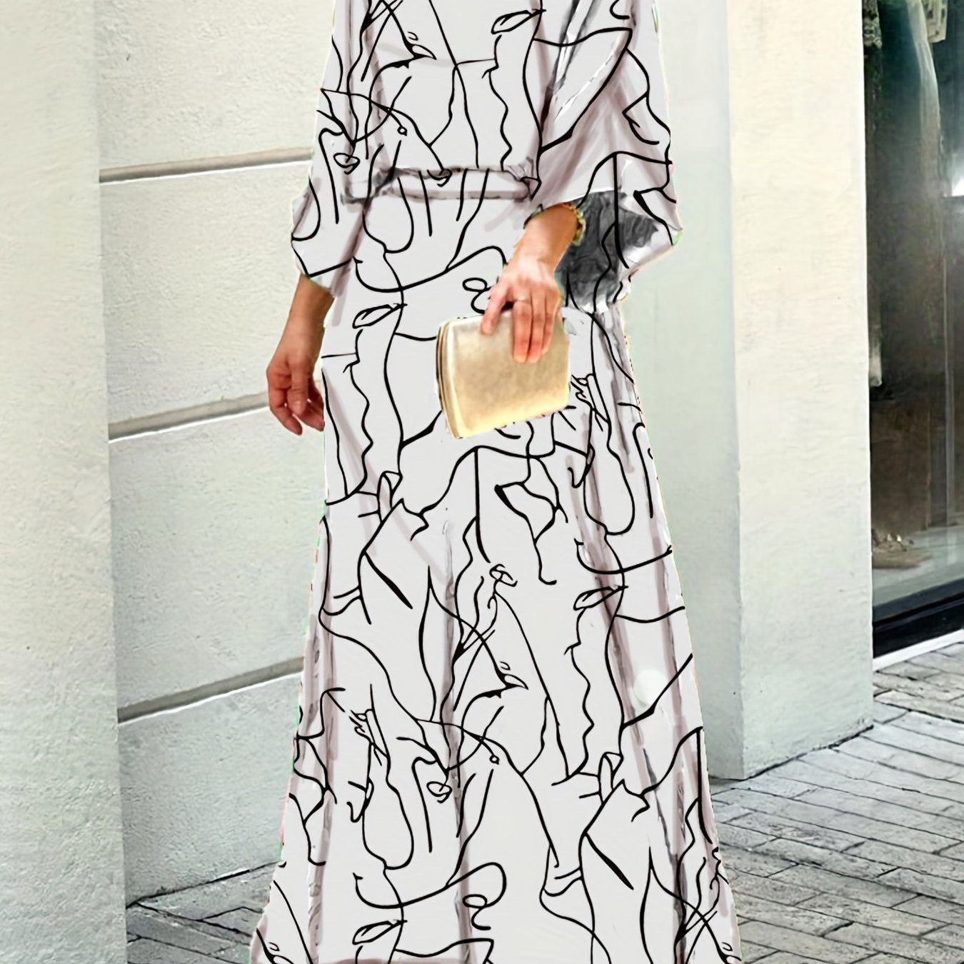 two-piece Geometric Print Maxi Skirt & Loose Long Sleeve Top Set for Women - Perfect for Spring & Fall Outfits