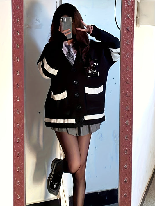 Sixsr Preppy Style V Neck Cardigan, Long Sleeve Button Up Casual Sweater For Spring & Fall, Women's Clothing