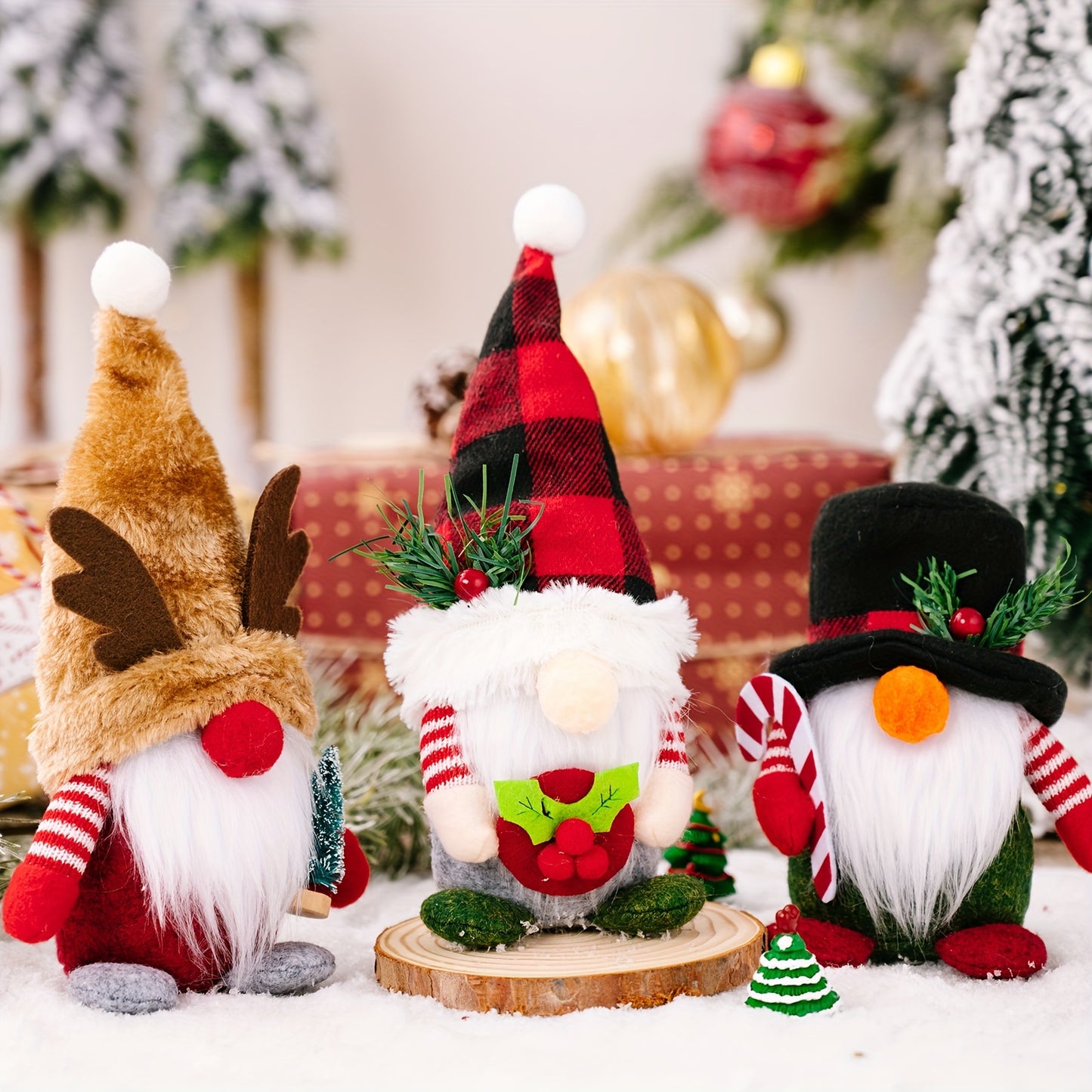 3Pcs Deer Antler Dwarf Rudolf Dolls, Plaid Hats, Elegant Decorative Tabletop Faceless Dwarf Standing Christmas Decorations