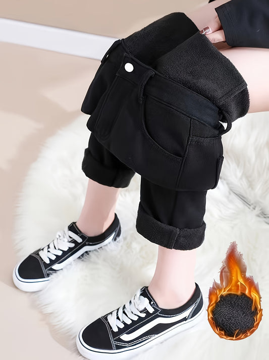 Sixsr Fleece Liner Casual Skinny Jeans, Slim Fit Slant Pockets Mid-Stretch Tight Jeans, Women's Denim Jeans & Clothing