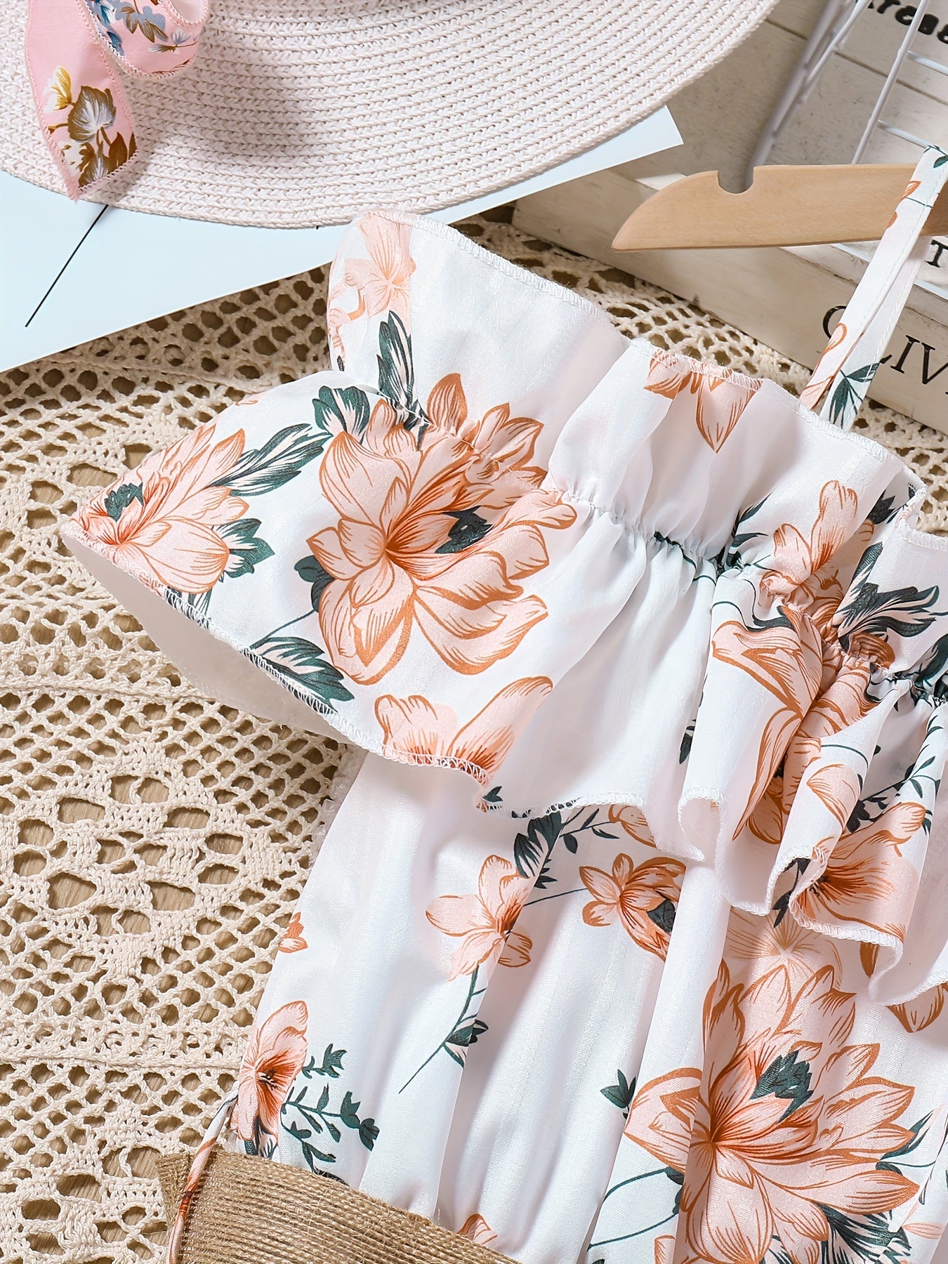 Sweet Girls Flora Print 2pcs Set Ruffle Trim Cami Top + Skirt With Belt Set For Spring Summer Party