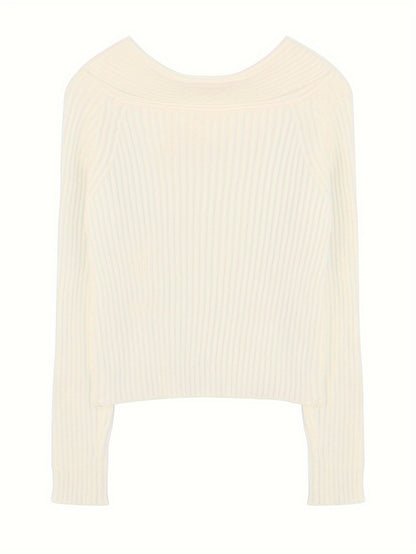 Sixsr Solid Off Shoulder Knit Sweater, Casual Long Sleeve Pullover Sweater, Women's Clothing