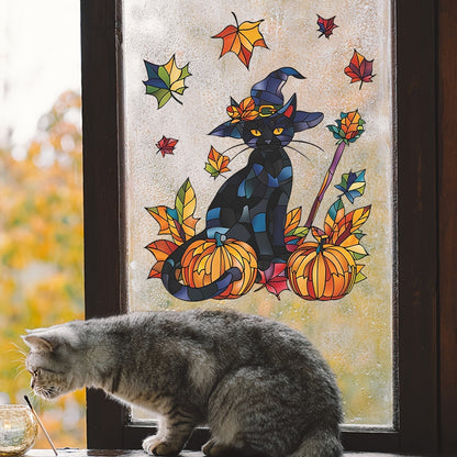 Festive Halloween Wall Decal: Black Cat, Pumpkins, and Fall Leaves - 38cm x 15inch - Contemporary Design - Self-Adhesive - Durable Vinyl - Perfect for Glass Windows and Doors