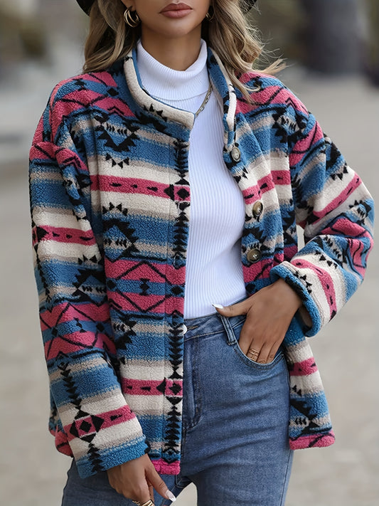 Sixsr Plus Size Casual Coat, Women's Plus Aztec Print Teddy Fleece Long Sleeve Button Up Mock Neck Coat