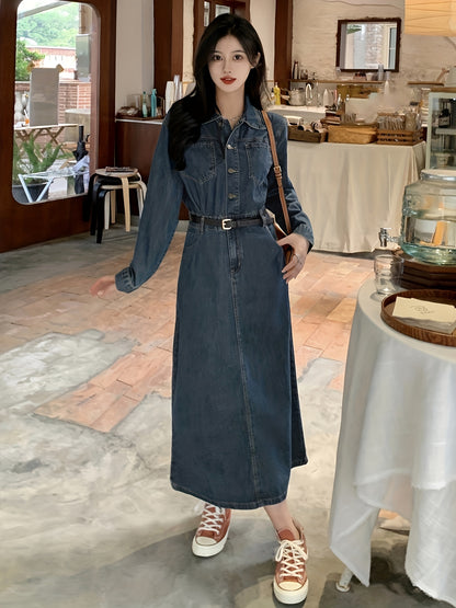 Sixsr Blue Long Sleeves Denim Dress, Retro Style Single Breasted Button Split Lapel Denim Dress, Women's Denim Clothing