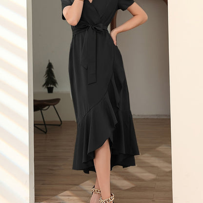 Sixsr Solid Ruffle Trim Dress, Elegant Surplice Neck Short Sleeve Maxi Dress, Women's Clothing