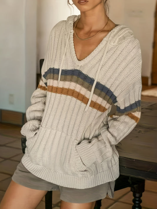 Sixsr Plus Size Casual Sweater, Women's Plus Stripe Print Long Sleeve Drawstring Hoodie Sweater With Pockets