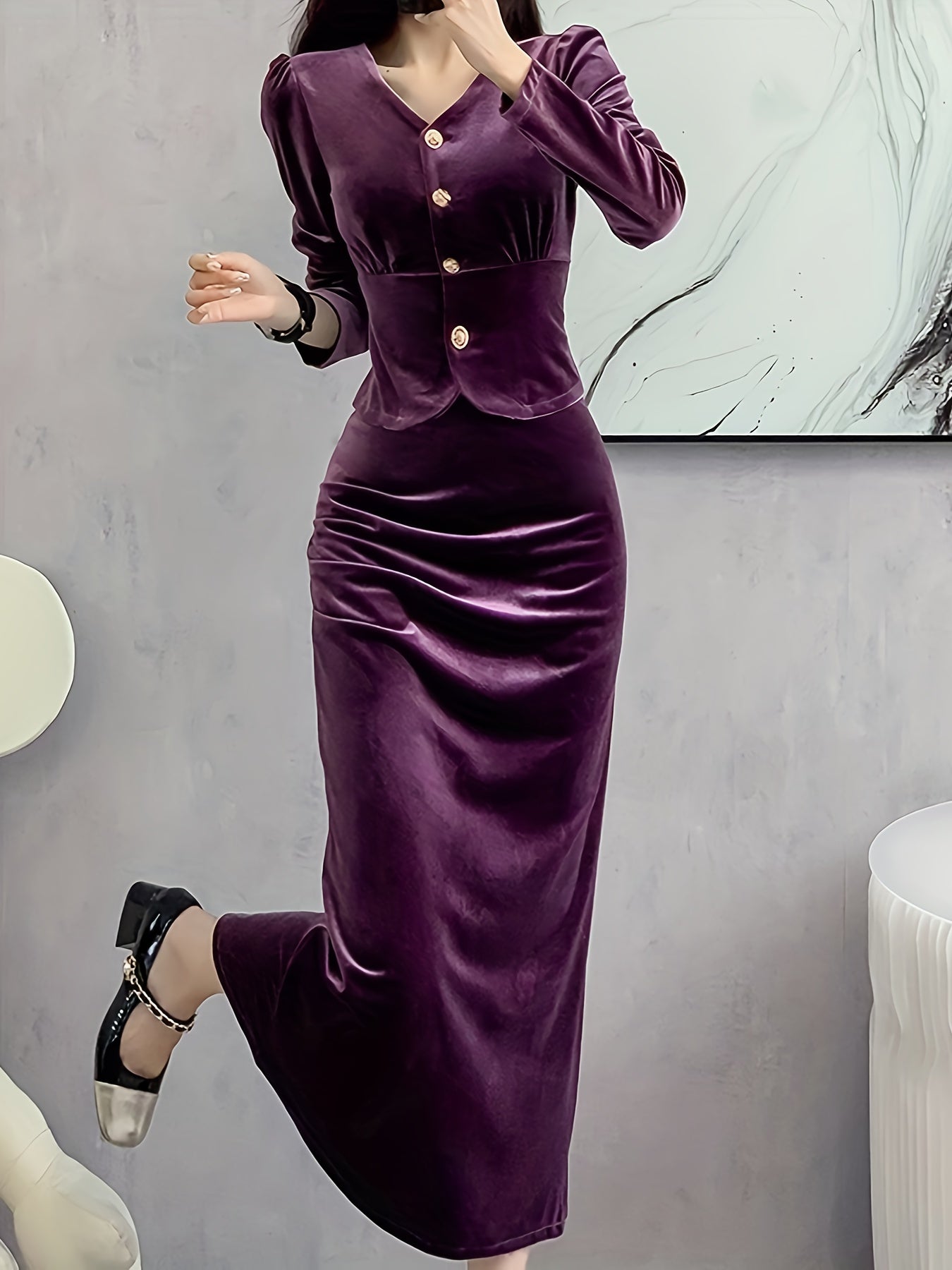 Sixsr Solid Bodycon Two-piece Set, Button Front Long Sleeve Tops & High Waist Midi Skirts Outfits, Women's Clothing