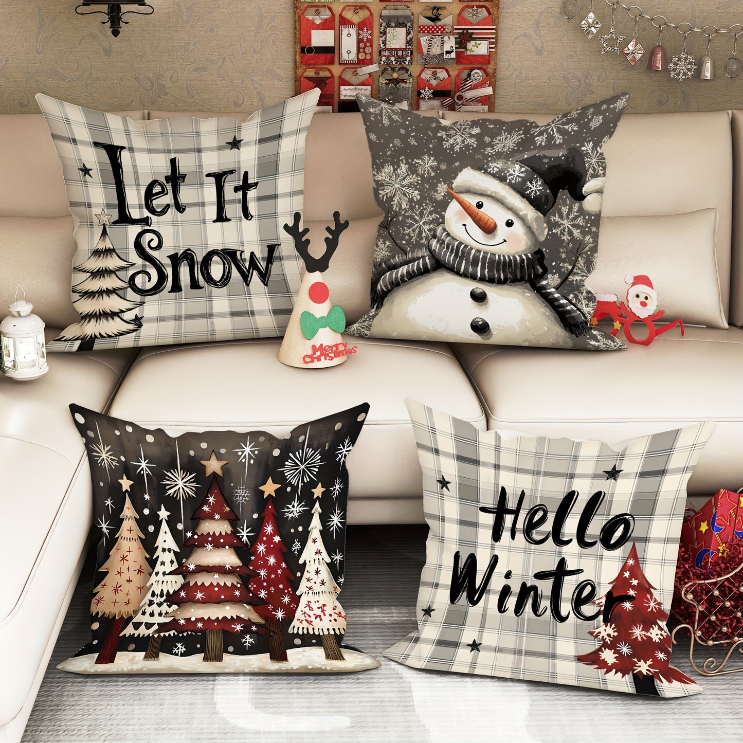 4-Pack 18x18 Velvet Christmas Pillow Covers - Soft, Plush, and Durable Zippered Throw Pillowcases with Snowman & Tree Plaid Design - Perfect for Winter Farmhouse Decor, Living Room Couch, and Machine Washable Polyester Fabric - Inserts Not Included