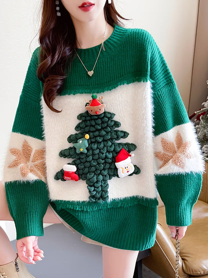 For Fall & Winter, Casual Long Sleeve Christmas Tree Decor Crew Neck Sweater, Women's Clothing