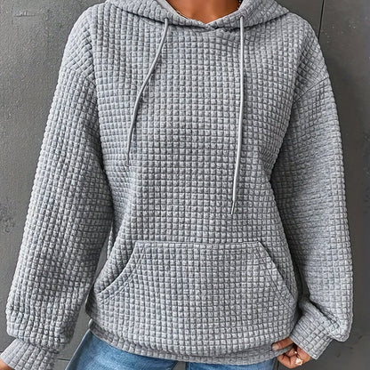 Sixsr Plus Size Casual Sweatshirt, Women's Plus Solid Waffle Knit Long Sleeve Drawstring Hoodie With Giant Pocket