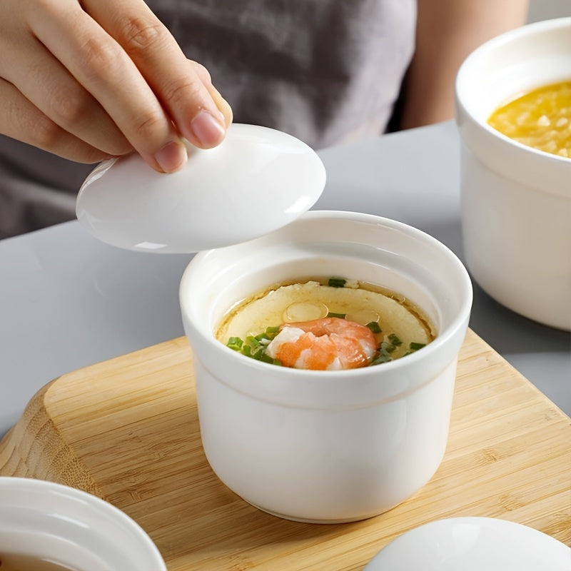 Cute Ceramic Steamed Egg Bowl with Lid - Perfect for Soups, Desserts & Healthy Cooking - Food-Safe Kitchen & Restaurant Essential