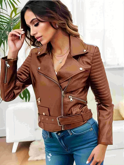Sixsr Solid Leather Biker Jacket, Streetwear Long Sleeve Zipper Outerwear, Women's Clothing