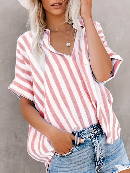 Sixsr Button Up Striped Shirt, Loose Casual Top For Spring & Summer, Women's Clothing