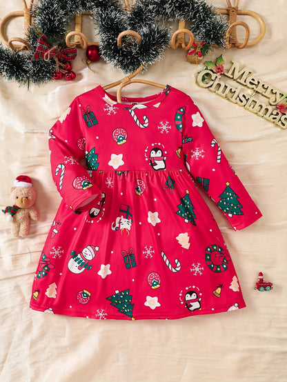 Girls Cute & Sweet Long Sleeve Allover Cartoon Christmas Elements Pattern Dress For Spring & Fall, As Christmas Gifts