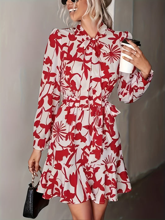 Sixsr Floral Print Tie Neck Dress, Elegant Long Sleeve Ruffle Hem Dress, Women's Clothing