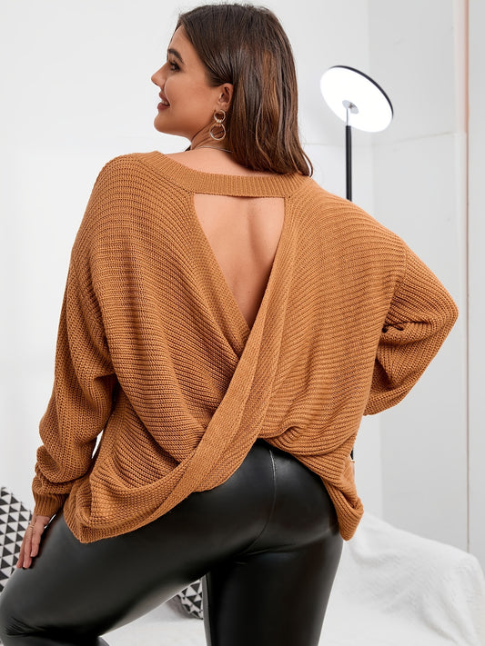 Sixsr Plus Size Criss Cross Cut Out Back Sweater, Women's Plus Slight Stretch Casual Sweater