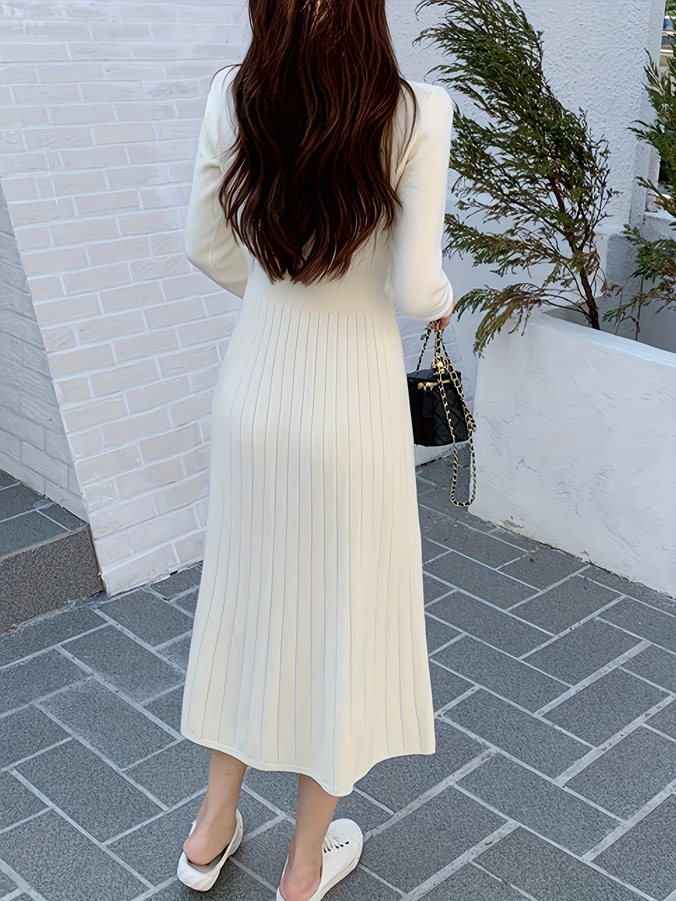 Sixsr Button Front V-neck Sweater Dress, Solid Long Sleeve Dress, Women's Clothing
