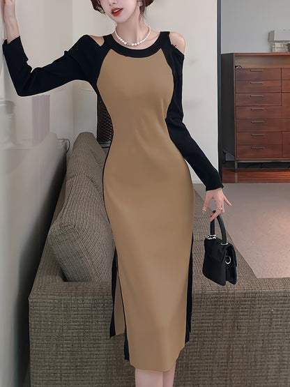 Sixsr Color Block Cold Shoulder Dress, Elegant Split Crew Neck Long Sleeve Dress, Women's Clothing