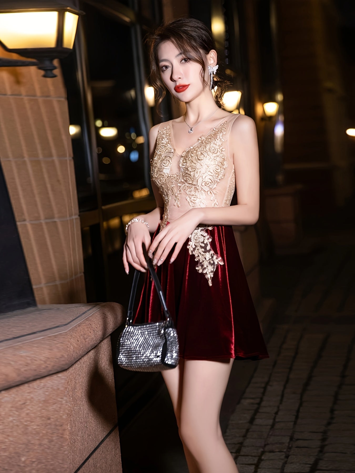 Floral Applique Mesh Splicing Dress, Elegant Velvet Sleeveless Dress For Spring & Summer, Women's Clothing