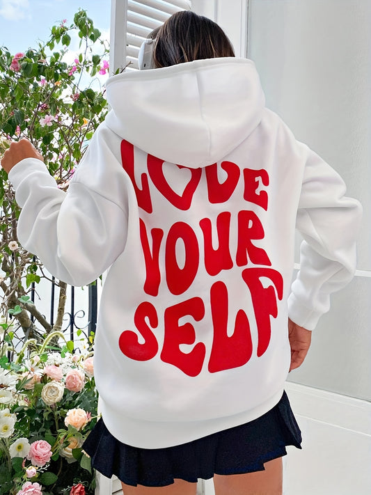 Sixsr Letter Print Back Drawstring Hoodies, Casual Long Sleeve Kangaroo Pocket Sweatshirt, Women's Clothing