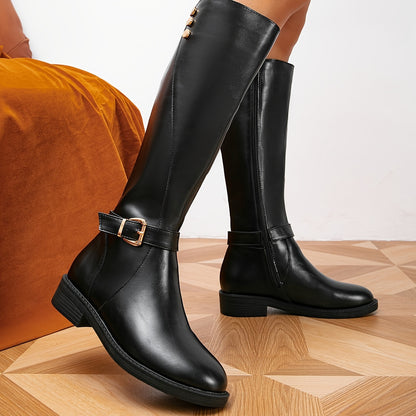 Sixsr Women's Solid Color Trendy Boots, Back Zipper Comfy Platform High Knee Boots, Winter Round Toe Slim Boots