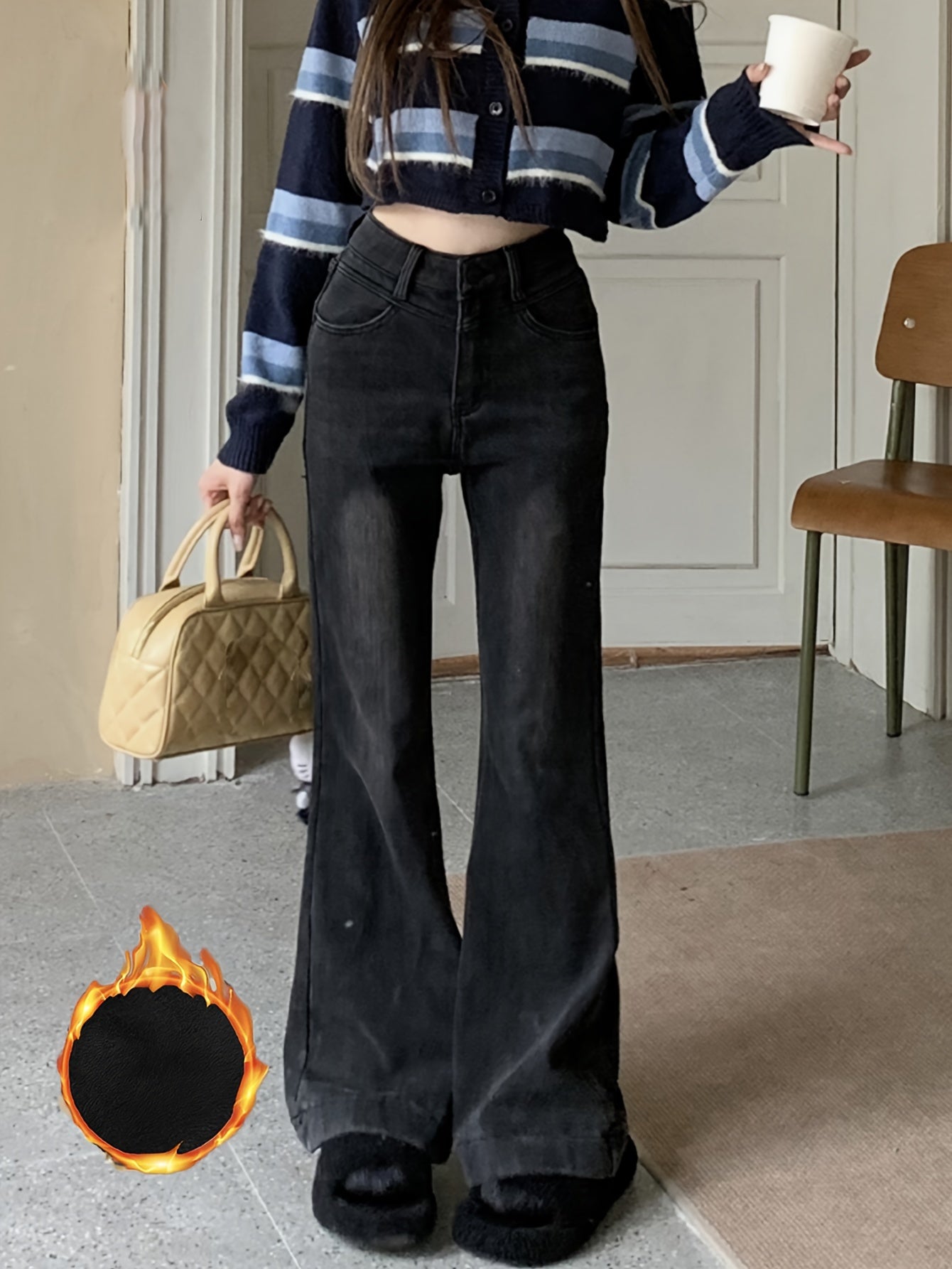 Sixsr Plush Lined Washed Flare Jeans, Keep Warm Stretchy Bell Bottom Jeans, Women's Denim Jeans & Clothing