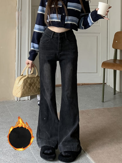 Sixsr Plush Lined Washed Flare Jeans, Keep Warm Stretchy Bell Bottom Jeans, Women's Denim Jeans & Clothing