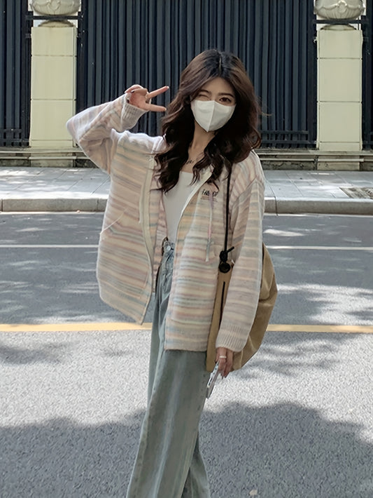 Sixsr Striped Zip Up Drawstring Hooded Cardigan, Casual Long Sleeve Pocket Sweater, Women's Clothing