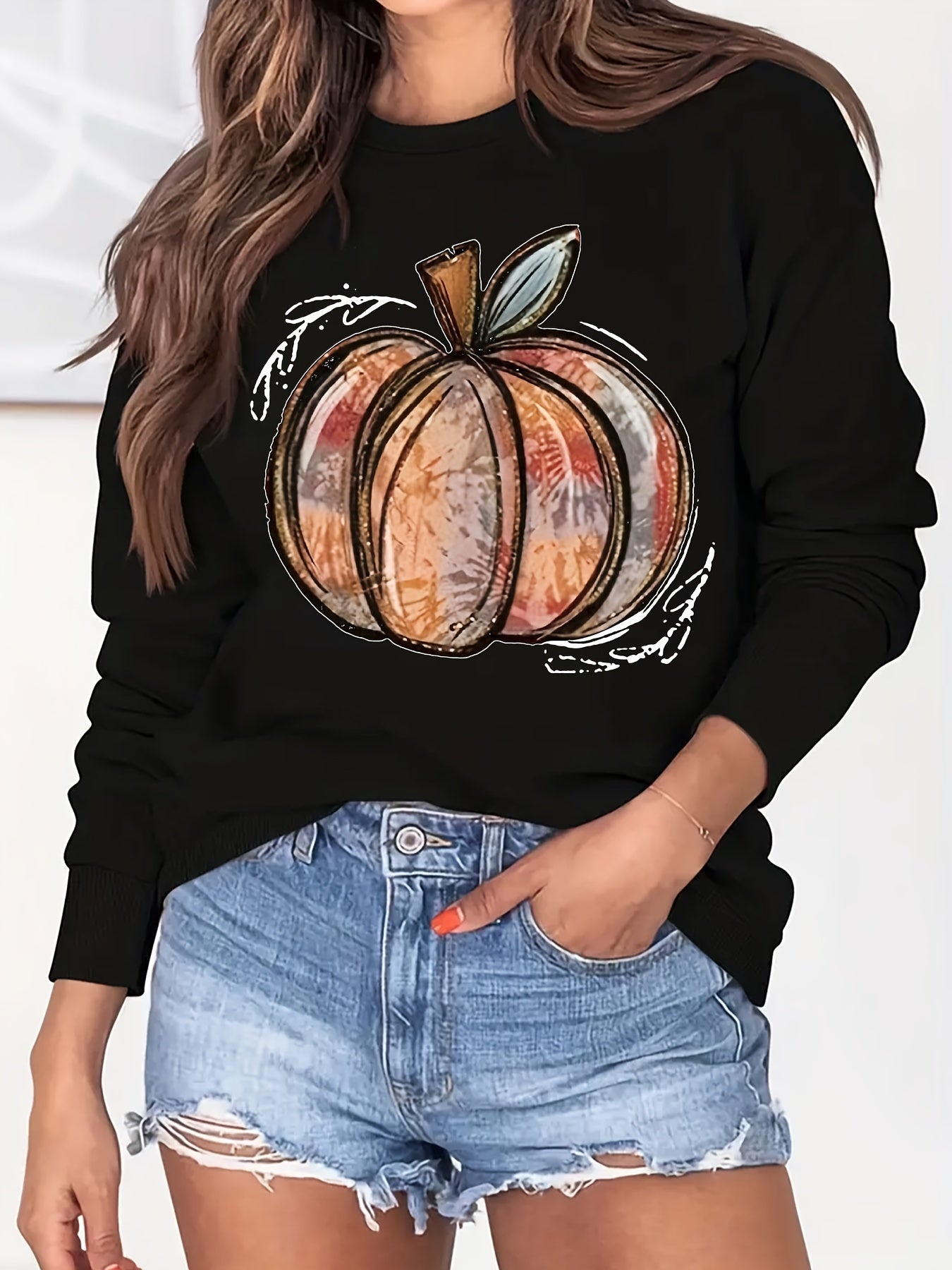 Sixsr Halloween Pumpkin Print Sweatshirt, Casual Long Sleeve Crew Neck Sweatshirt, Women's Clothing