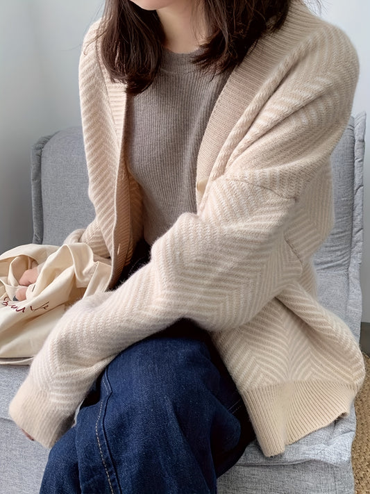 Sixsr Striped Button Down Knit Cardigan, Vintage Long Sleeve Loose Sweater, Women's Clothing