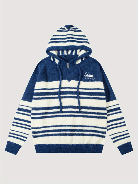 Sixsr Cool Knitted Sweater Hoodies For Men, Men's Casual Retro Striped Pullover Hooded Knit Sweater Streetwear For Winter Fall, As Gifts