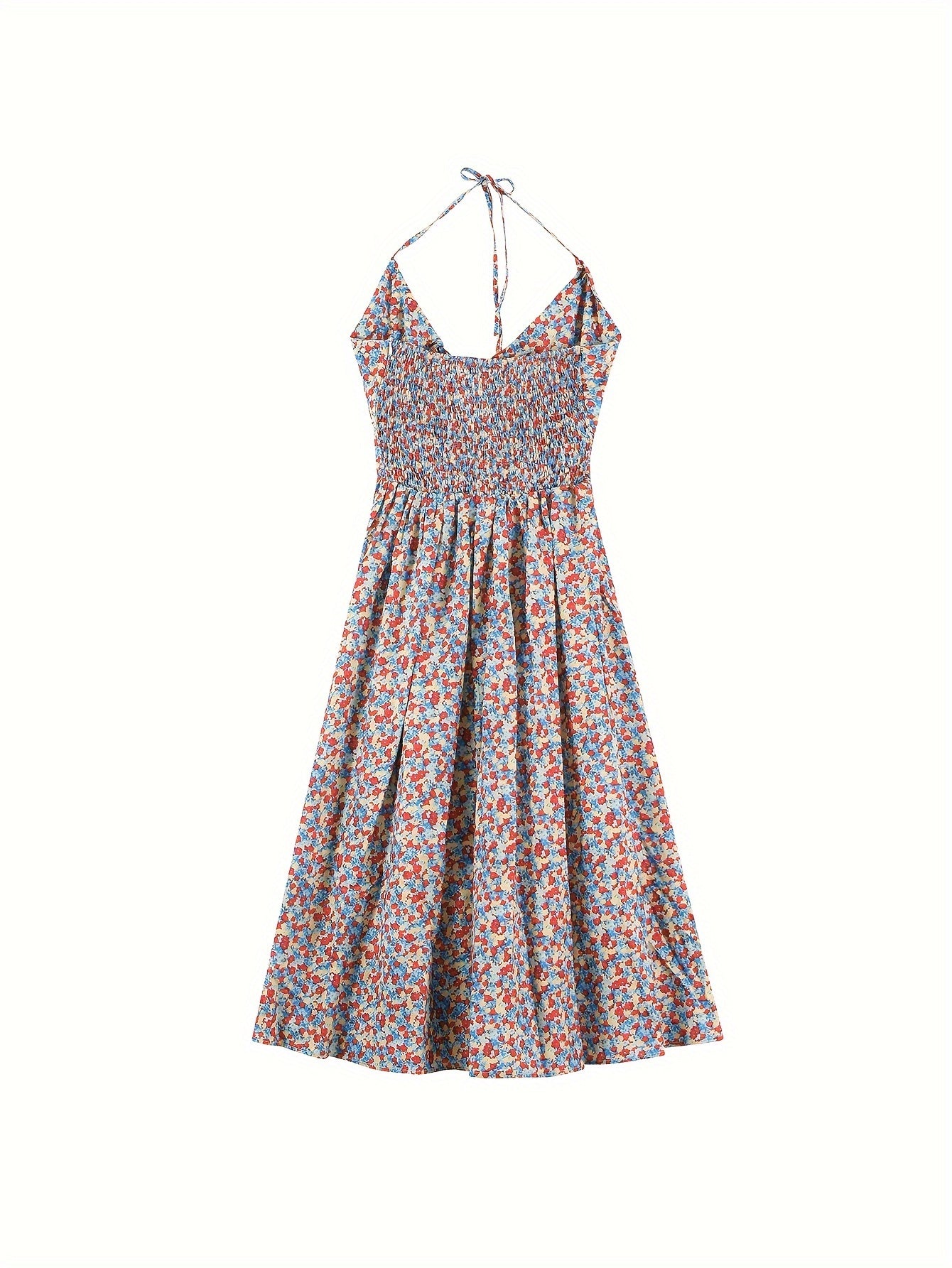 Floral Print Cut Out Front Halter Dress, Vacation Tie Backless Sleeveless Dress, Women's Clothing