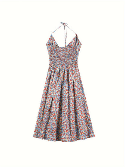 Floral Print Cut Out Front Halter Dress, Vacation Tie Backless Sleeveless Dress, Women's Clothing