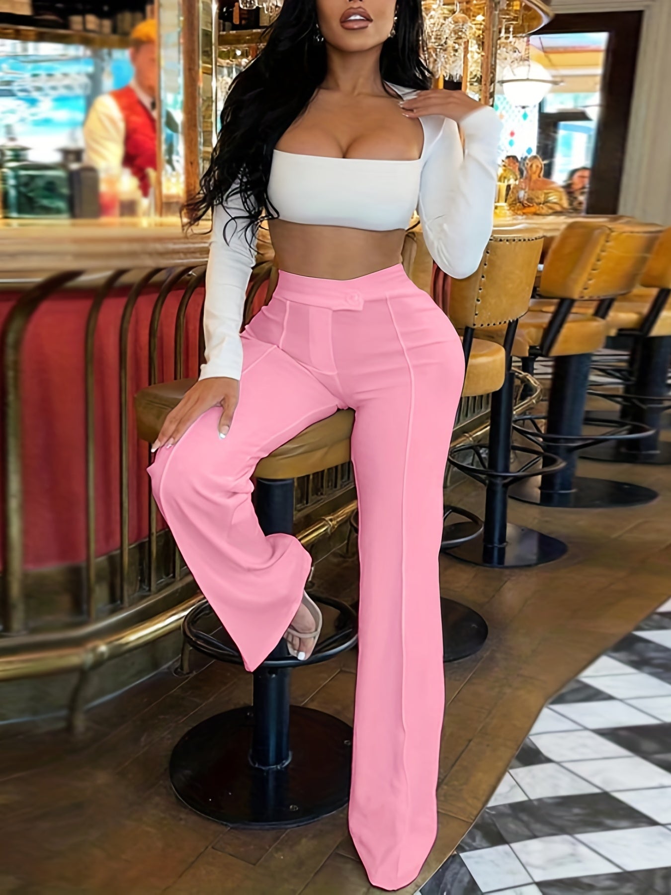 Sixsr Tailored Solid Pants, Solid High Waist Wide Leg Work Office Pants, Women's Clothing