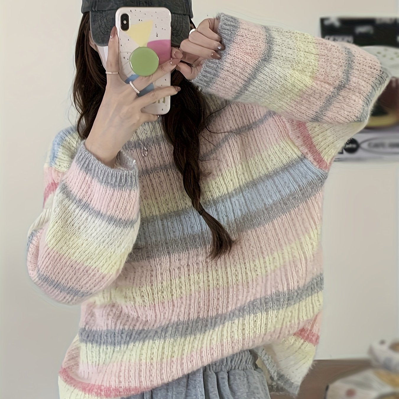 Benpaolv Rainbow Striped Crew Neck Pullover Sweater, Casual Long Sleeve Loose Cozy Sweater, Women's Clothing