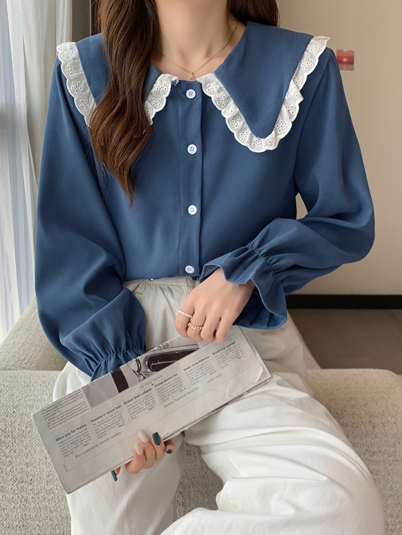 Sixsr Eyelet Lace Stitching Peter Pan Collar Shirt, Sweet Long Sleeve Button Front Shirt For Spring & Fall, Women's Clothing