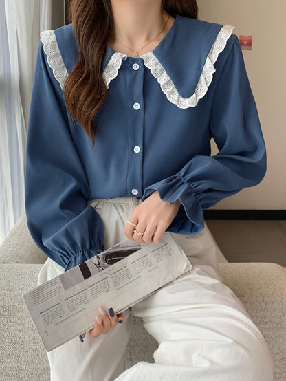 Sixsr Eyelet Lace Stitching Peter Pan Collar Shirt, Sweet Long Sleeve Button Front Shirt For Spring & Fall, Women's Clothing