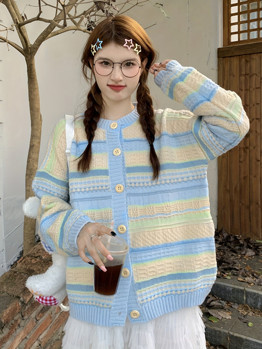 Sixsr Striped Button Up Knit Cardigan, Elegant Long Sleeve Loose Sweater, Women's Clothing