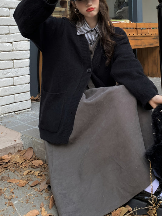 Sixsr Solid Button Down Knit Cardigan, Vintage Long Sleeve Comfy Sweater, Women's Clothing