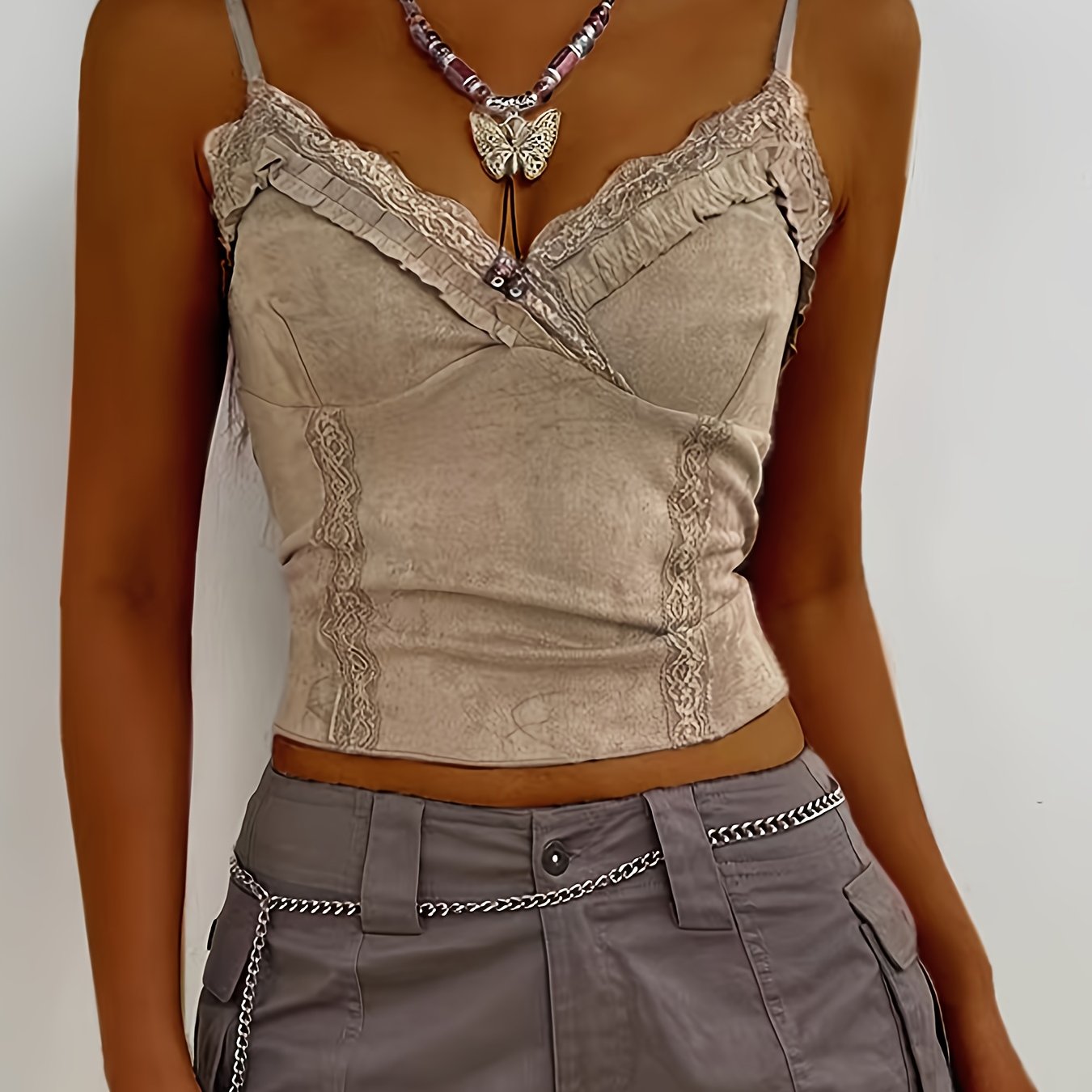 Sixsr Lace Contrast Slim Cami Top, YOUNG Solid Ruffle Hem Backless Cami Top, Women's Clothing