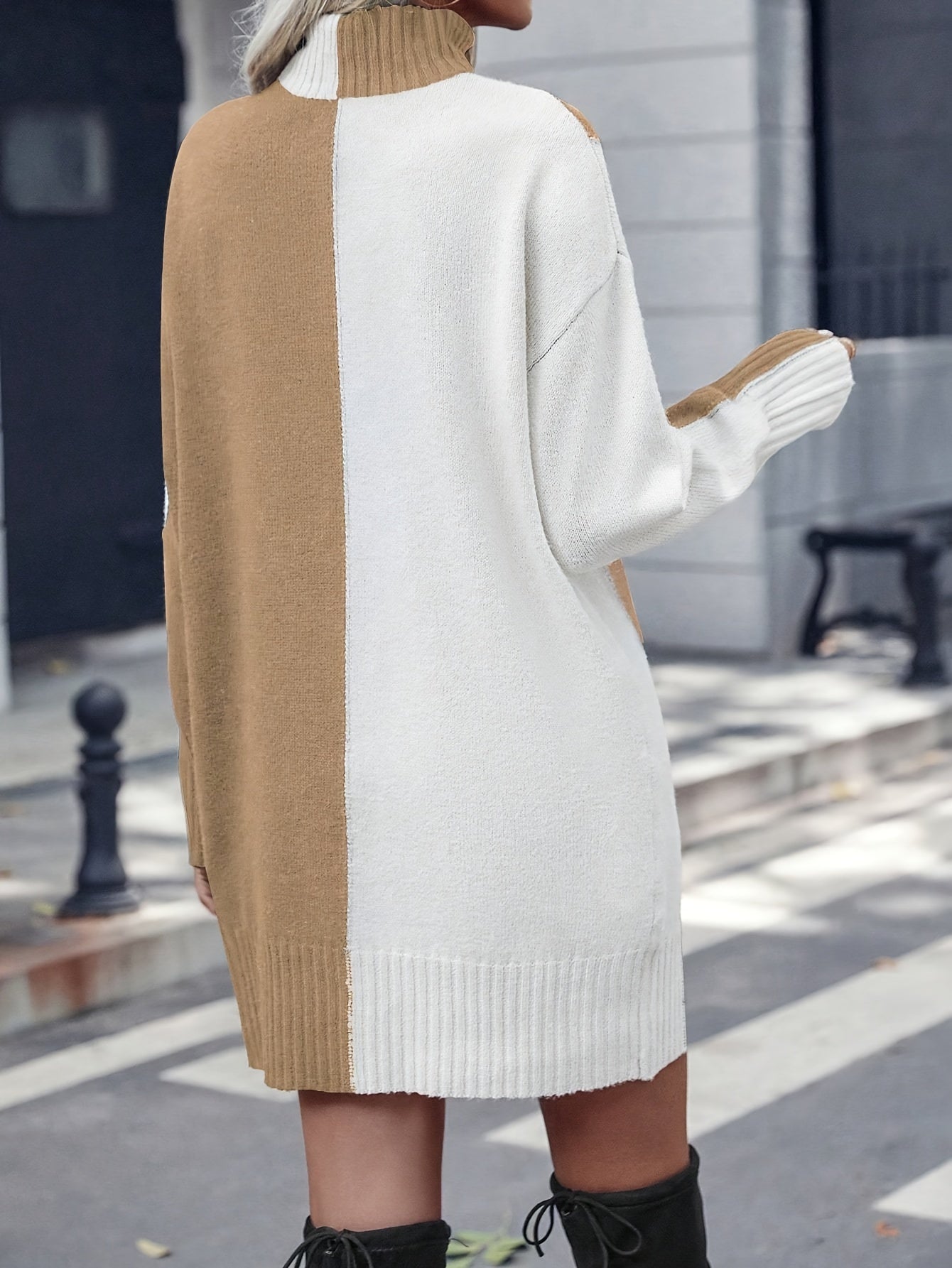 Sixsr Color Block Turtleneck Dress, Elegant Long Sleeve Sweater Dress, Women's Clothing