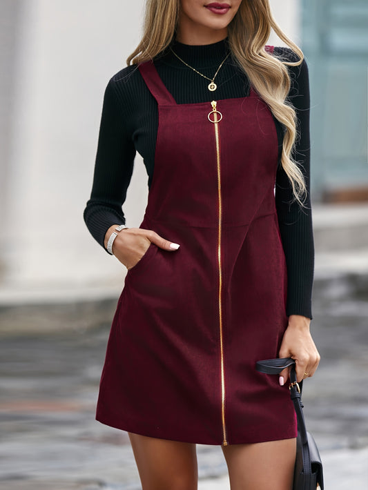 Sixsr Zipper Solid Overall Dress, Casual Pocket Front Mini Dress, Women's Clothing