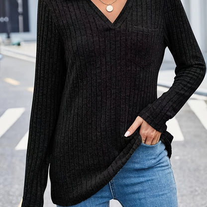 Sixsr Ribbed Pocket V Neck T-Shirt, Casual Long Sleeve Top For Spring & Fall, Women's Clothing