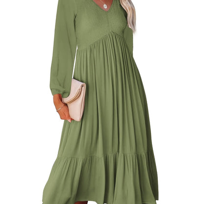 Sixsr Casual Solid Draped Midi Dress, Sexy Long Sleeve V-neck Loose Flowy Swing Babydoll Dresses, Women's Clothing